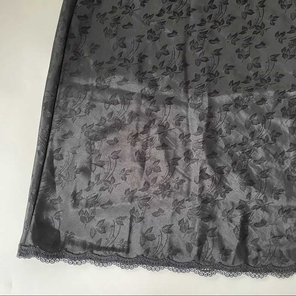 Vintage 1970s Barbizon Slip Dress Midi Lace Trim Floral Vines Black L EUC - Picture 9 of 13